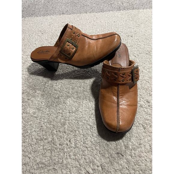 Clarks Bendables Leather Clogs Slip On Mules Women's Size 9.5 M Shoes Tan 83546 - Picture 1 of 11